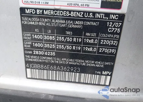 2008 Mercedes-Benz Ml 350 4Matic z USA, uszkodzony, nr VIN 4JGBB86E68A362923